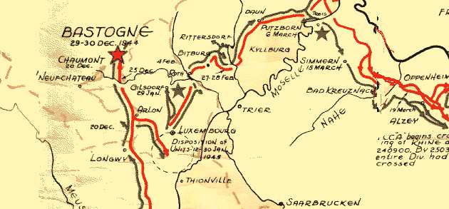 Image: Map retracing the route of 4th Armored Division across Europe in 1944-45
